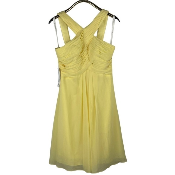 AZAZIE AMANI DAFFODIL YELLOW PLEATED CHIFFON HALTER KNEE LENGTH BRIDESMAID DRESS - Picture 3 of 13